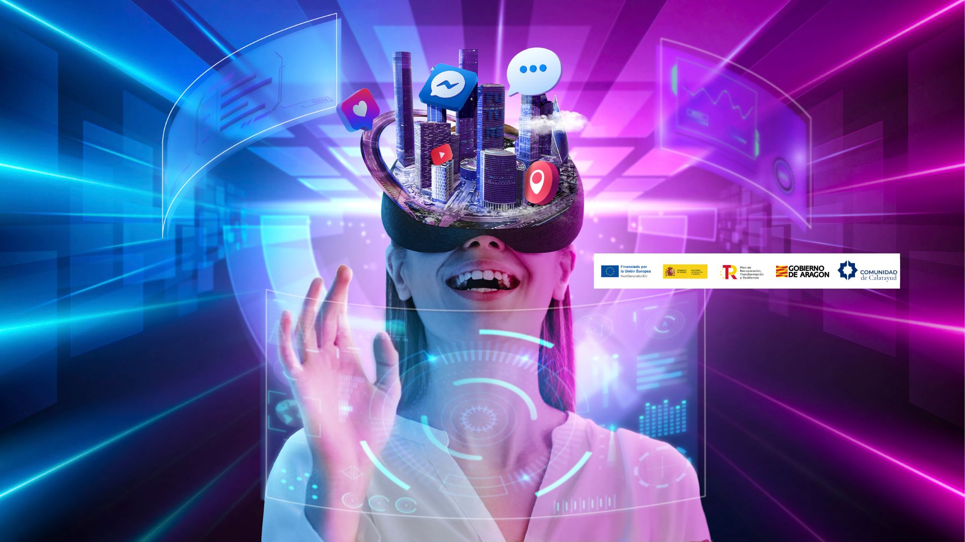 Persona con gafas de realidad virtual y ciudad de iconos de redes sociales — Curso de Marketing Digital y Herramientas Creativas con IA, Comarca de Calatayud